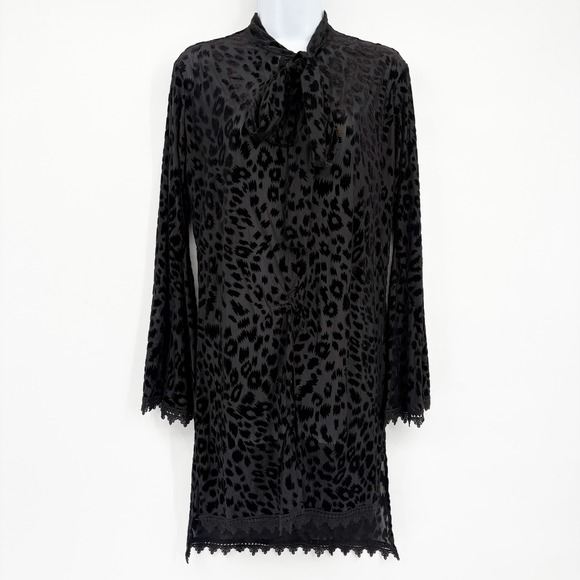 Analili Dresses & Skirts - Analili Womens Black Leopard Burnout Velvet Tie Neck Goth Tunic Mini Dress XS